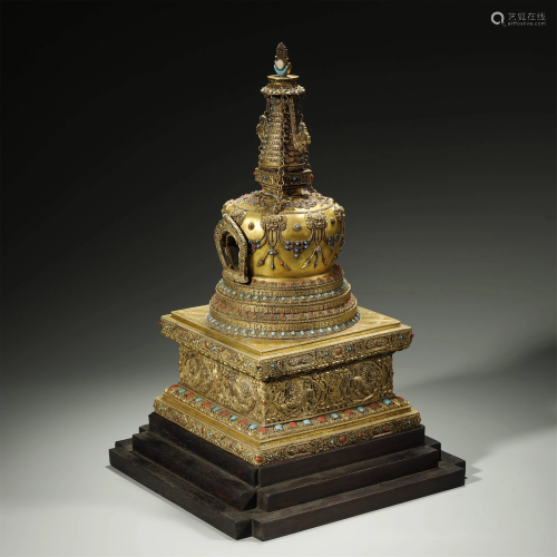 ANCIENT CHINESE,TIBETAN GILT-BRONZE BUDDHA STUPA