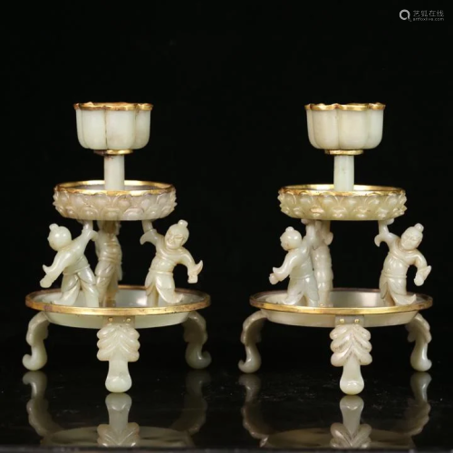 ANCIENT CHINESE,A PAIR OF GOLD INSET JADE CANDLESTICKS