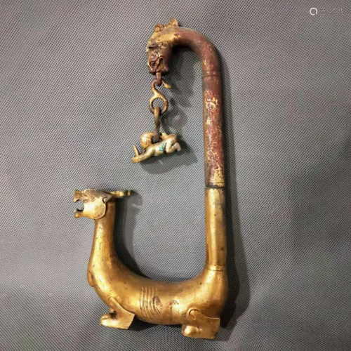 ANCIENT CHINESE,GILT-BRONZE MYTHICAL BEAST