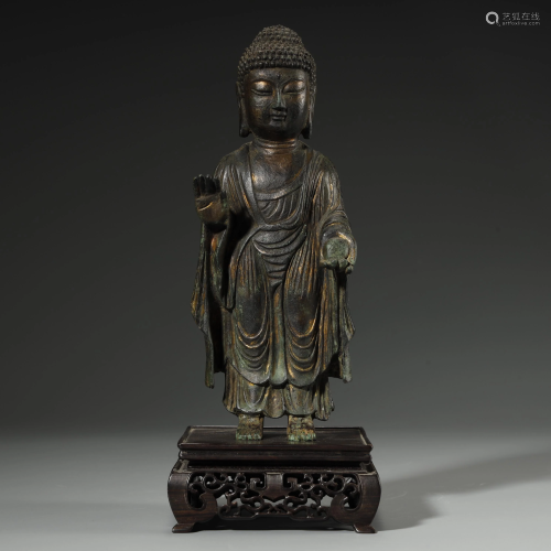 QING DYNASTY,GILT-LACQUERED BRONZE BUDDHA STSTUE