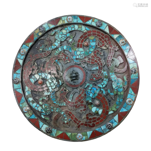 GOLD SILVER AND TURQUOISE-INSET BRONZE MIRROR