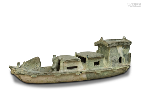 ANCIENT CHINESE,GREEN GLAZED POTTERY SHIP