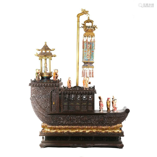 QING DYNASTY,RED SANDALWOOD CARVING SHIP