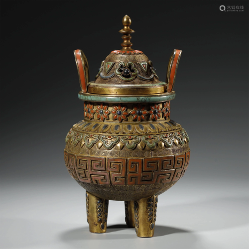 ANCIENT CHINESE,A HARDSTONE-INLAID GILT-BRONZE CE…