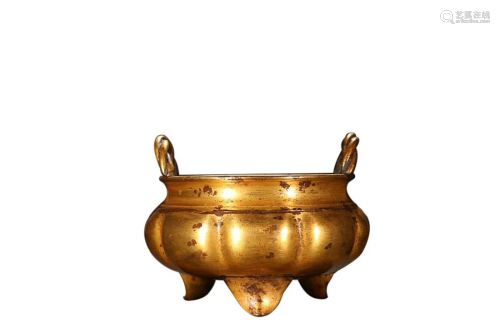 GILT COPPER ALLOY CENSER CAST WITH FLUTED SIDES AND