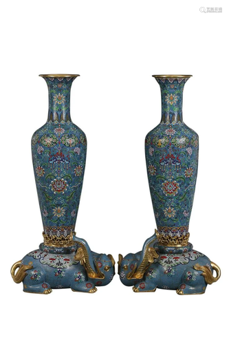 PAIR OF CLOISONNE ENAMEL VASE WITH ELEPHANT FORM BASE