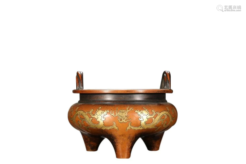 PARCEL-GILT COPPER ALLOY CENSER CAST WITH KUILONG AND