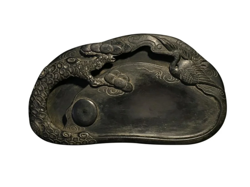 DUAN INKSTONE CARVED WITH CRANE AND PINE TREE