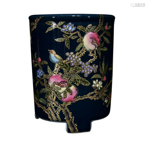BLUE GROUND FAMILLE ROSE 'FLOWERS AND BIRDS' BRUSH POT