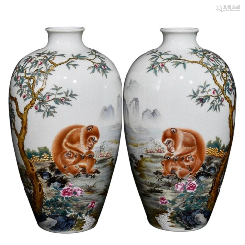 PAIR OF FAMILLE ROSE 'MONKEY AND PEACH' MEIPING VA…
