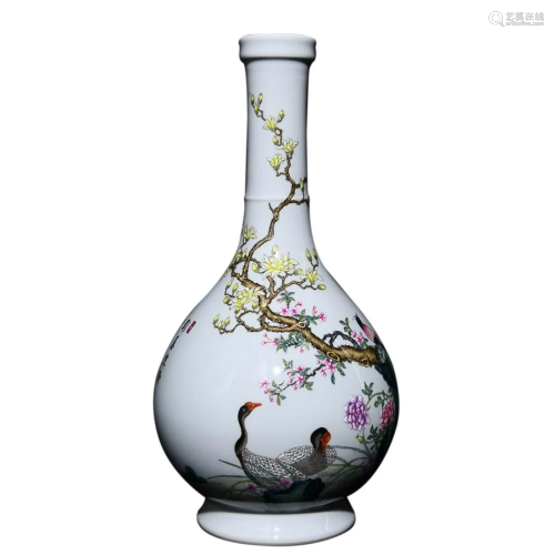 FAMILLE ROSE 'FLOWERS AND BIRDS' PEAR FORM VASE