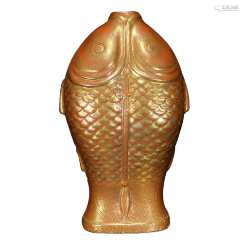 IRON-RED AND GOLD FISH FORM VASE