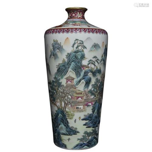 FAMILLE ROSE 'LANDSCAPE AND FIGURE' MEIPING VASE