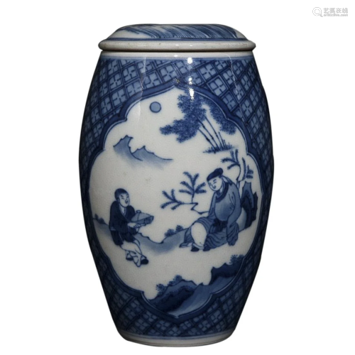 BLUE & WHITE 'FIGURE' COVERED JAR