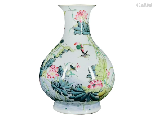 PAINTED ENAMEL 'FLOWERS AND BIRDS' PEAR FORM VASE