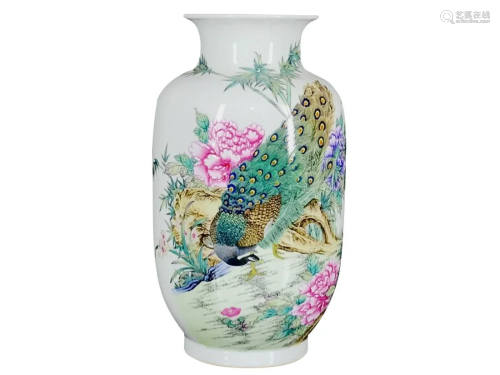 PAINTED ENAMEL 'PEONY AND PEACOCK' VASE