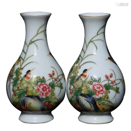 PAINTED ENAMEL 'FLOWERS AND BIRDS' PEAR FORM VASE
