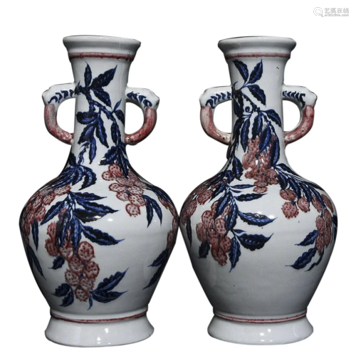 BLUE & WHITE AND UNDER GLAZED RED 'PLUM' VASE WITH