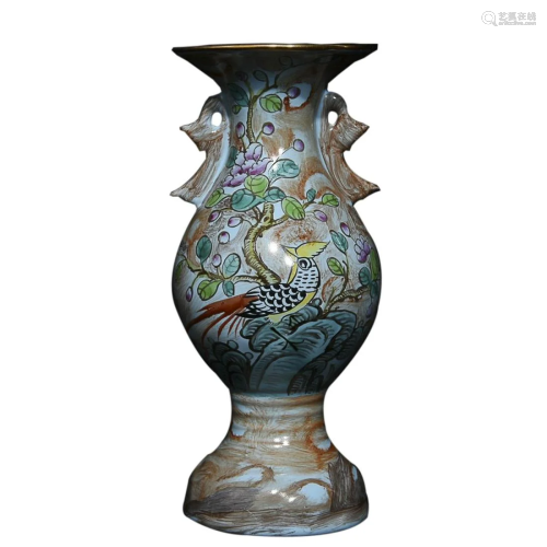 RU WARE AND FAMILLE ROSE 'FLOWERS AND BIRDS' VASE WITH