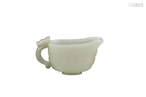 HETIAN WHITE JADE JUE CUP WITH CHILONG HANDLE