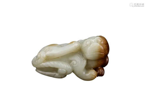 RUSSET-STAINED HETIAN WHITE JADE MYTHICAL BEAST