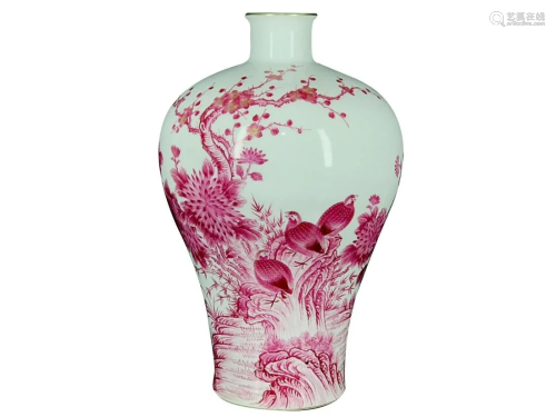 COCHINEAL RED 'FLOWERS AND BIRDS' MEIPING VASE