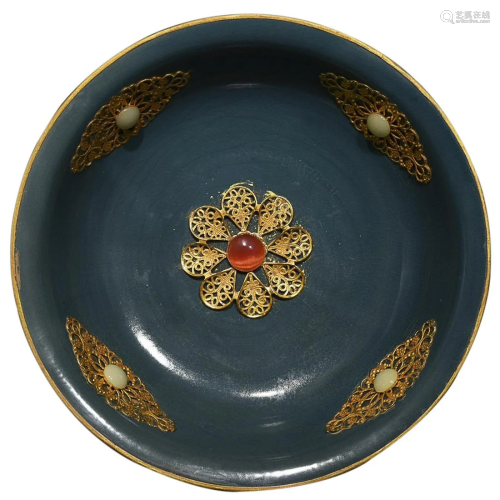 GEMSTONES INSET AND GOLD MOUNTED DING WARE BOWL