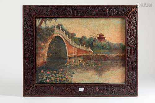 Ecole du Vietnam (XXe siècle). Paysage au pont, hu…