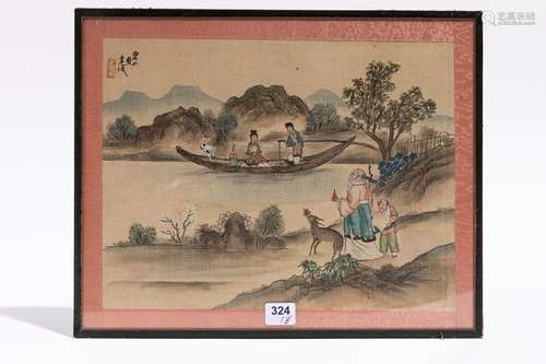 CHINE Suite de 6 encres sur toile à décor de scène…