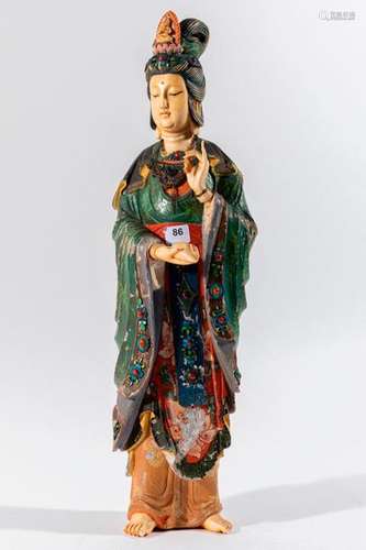 CHINE GUANYIN en bois et ivoire sculpté et polychr…