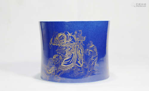 Chinese Qing Dynasty Kangxi Period Blue Glazed Gold Painted Porcelain Brush Pot