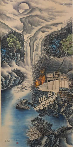 Chinese Wuguanzhong'S Painting Of Fishing Village And Waterfall