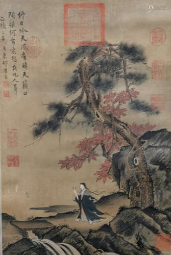 Chinese Zhou Chen'S Painting Of Landscape And Figures On Silk