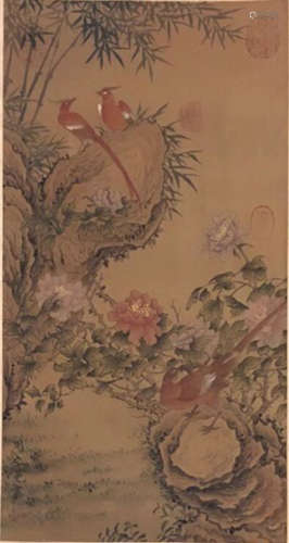 Chinese Zhou Zhimian'S Painting Of Flowers And Birds On Silk