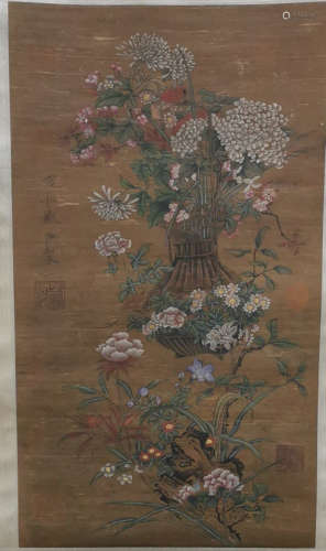 Chinese Song Huizong'S Painting Of Flower Basket On Silk