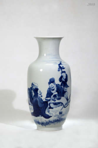 Chinese Wang Bu Blue And White Figures Porcelain Bottle