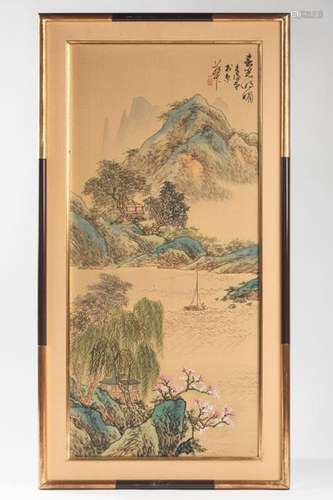 CHINA Animated lake landscape, ink on silk. 66 x 3…