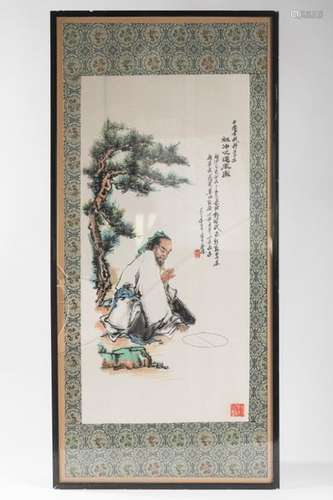 CHINA Fisherman, ink on silk. 57.5 x 27.5 cm at si…