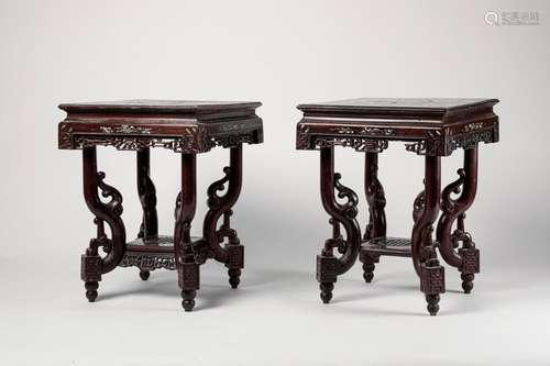 CHINA Pair of wooden TABOURETS inlaid with mother …