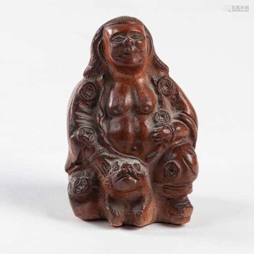 CHINA, Yixing BUDAÏ mounted on a Fô dog, sandstone…