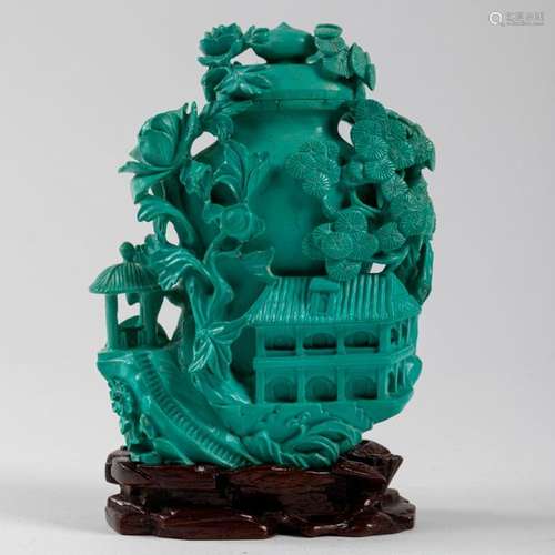 CHINA Covered architectural turquoise carved vase.…