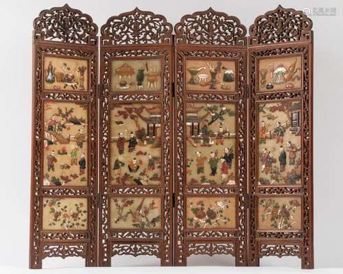 CHINA Small folding screen with 4 carved hard ston…