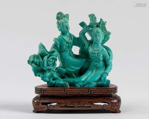 CHINA Two elegant seats, carved turquoise. 8 x 8.5…