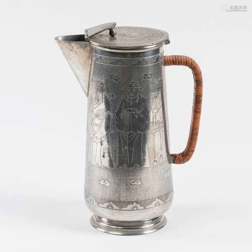 CHINA Pewter teapot with incised decoration of cha…