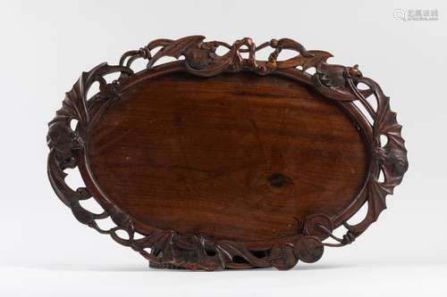 CHINA Carved wood platter, the border with bat mot…