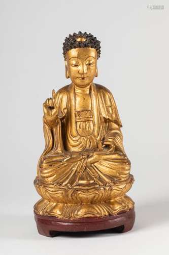 CHINA BUDDHA on its lotiform throne, carved and gi…