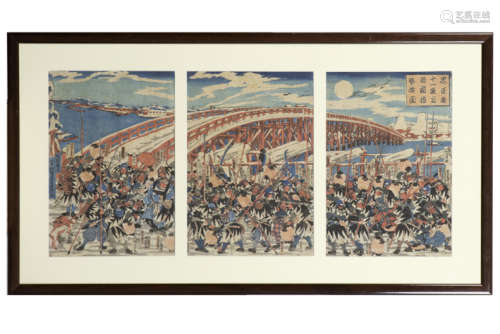framed triptych with trhee Japanese woodcuts - - Ingekaderde triptiek met drie [...]