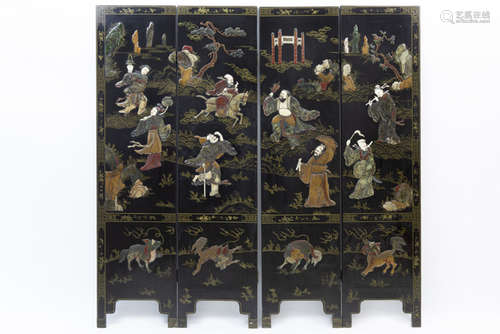 Chinese screen with four lacquered panels inlaid with jade and ivory - - Mooie [...]