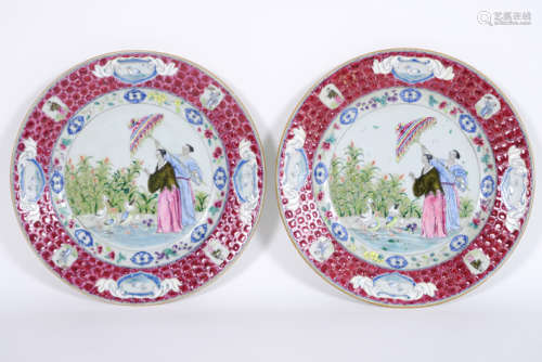 rare pair of 18th Cent. Chinese plates in porcelain with a rich polychrome 