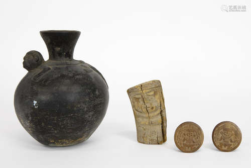 three Precolumbian items : a small wooden 